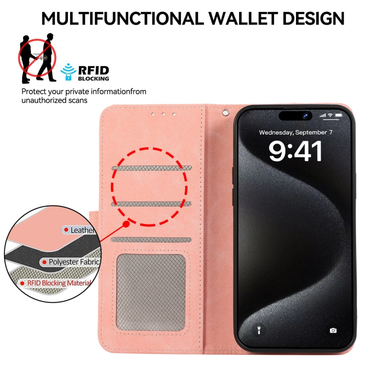 For iPhone 16 ABEEL Color Block Magnetic RFID Leather Phone Case(Pink-Cyan)