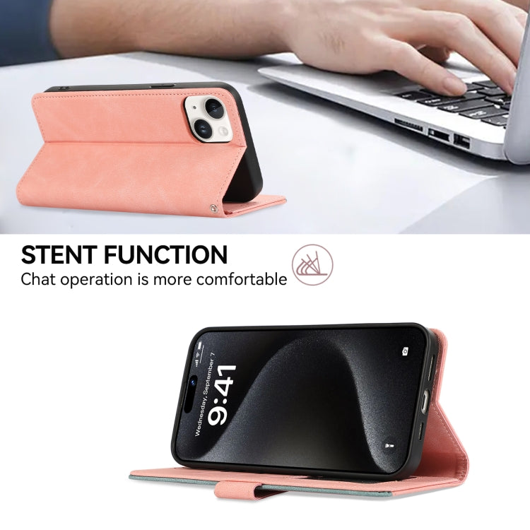 For iPhone 16 ABEEL Color Block Magnetic RFID Leather Phone Case(Pink-Cyan)
