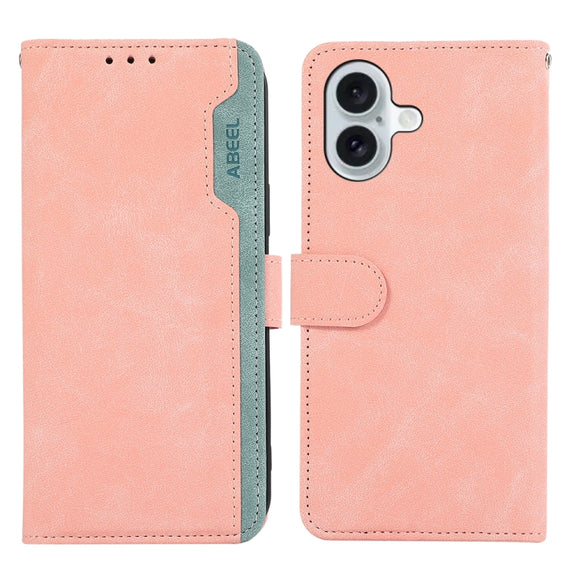 For iPhone 16 ABEEL Color Block Magnetic RFID Leather Phone Case(Pink-Cyan)