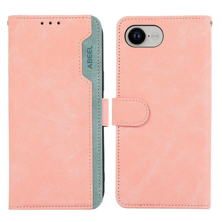 For iPhone 16e ABEEL Color Block Magnetic RFID Leather Phone Case(Pink-Cyan)