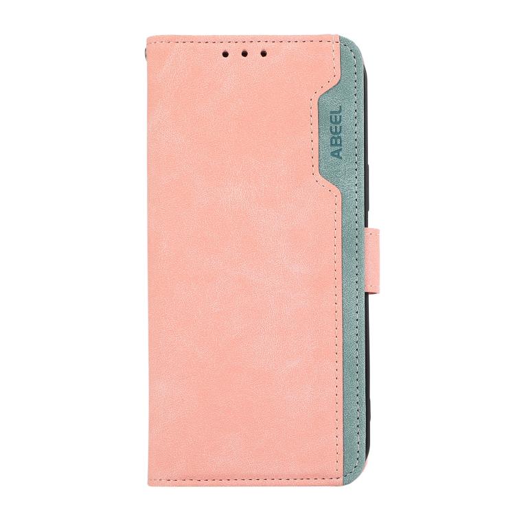 For iPhone 16e ABEEL Color Block Magnetic RFID Leather Phone Case(Pink-Cyan)