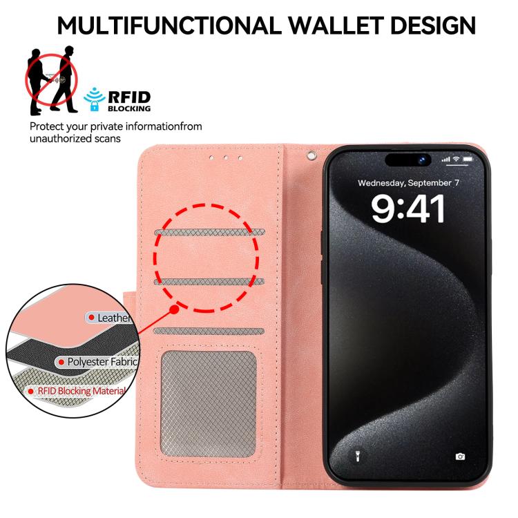 For iPhone 16e ABEEL Color Block Magnetic RFID Leather Phone Case(Pink-Cyan)
