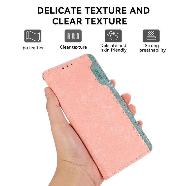 For iPhone 16e ABEEL Color Block Magnetic RFID Leather Phone Case(Pink-Cyan)