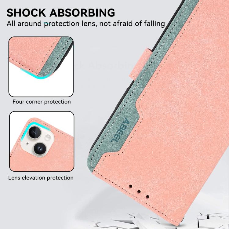 For iPhone 16e ABEEL Color Block Magnetic RFID Leather Phone Case(Pink-Cyan)