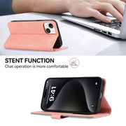 For iPhone 16e ABEEL Color Block Magnetic RFID Leather Phone Case(Pink-Cyan)