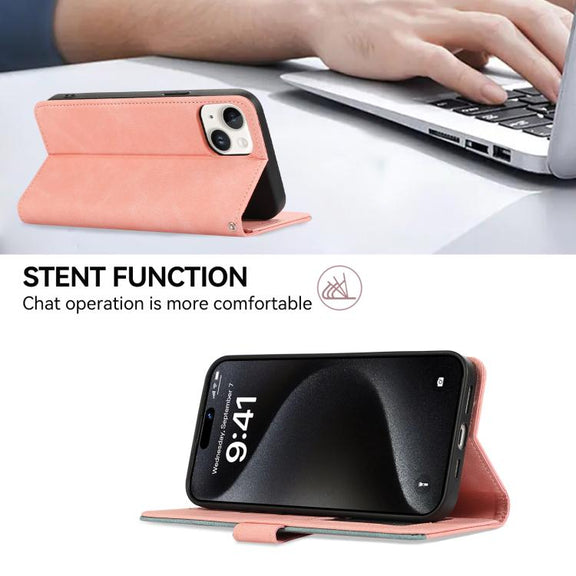 For iPhone 16e ABEEL Color Block Magnetic RFID Leather Phone Case(Pink-Cyan)