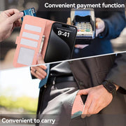 For iPhone 16e ABEEL Color Block Magnetic RFID Leather Phone Case(Pink-Cyan)