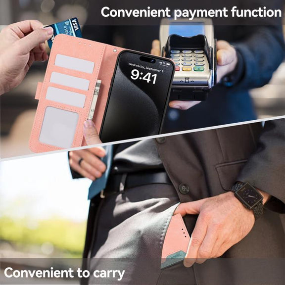 For iPhone 16e ABEEL Color Block Magnetic RFID Leather Phone Case(Pink-Cyan)