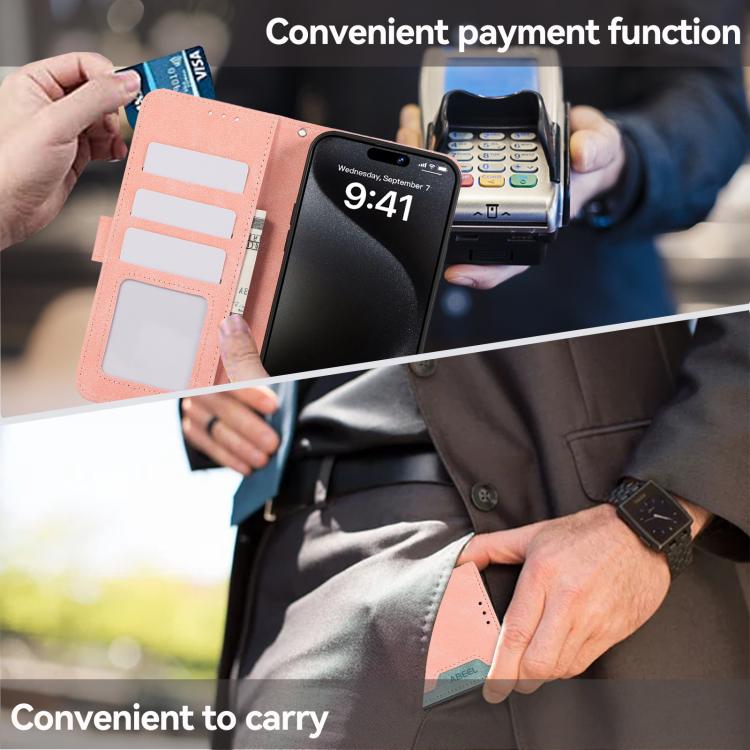 For iPhone 16e ABEEL Color Block Magnetic RFID Leather Phone Case(Pink-Cyan)