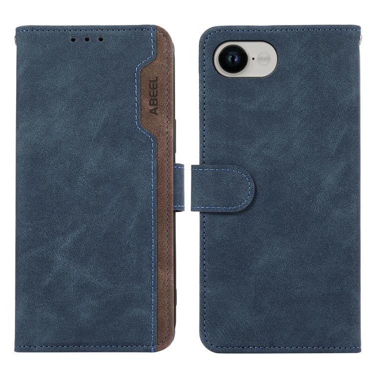 For iPhone 16e ABEEL Color Block Magnetic RFID Leather Phone Case(Blue-Brown)