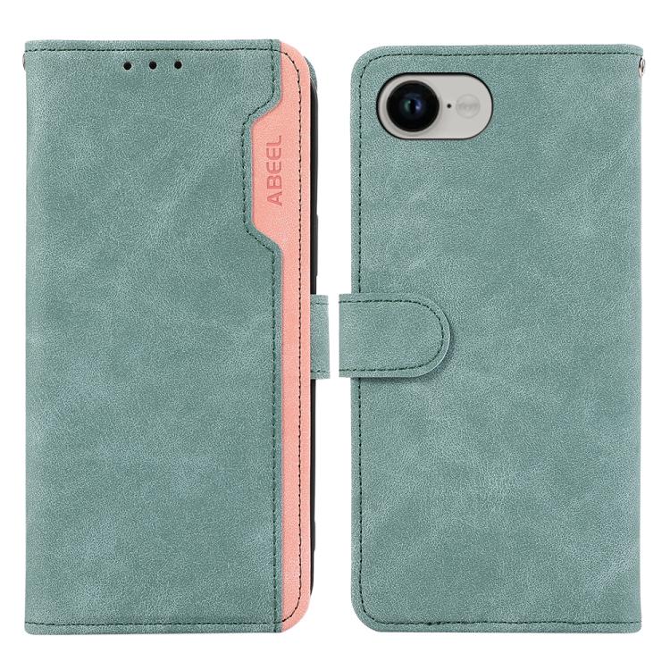 For iPhone 16e ABEEL Color Block Magnetic RFID Leather Phone Case(Cyan-Pink)