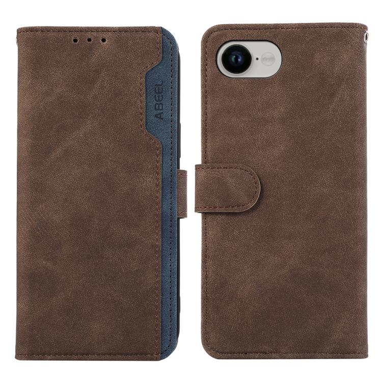 For iPhone 16e ABEEL Color Block Magnetic RFID Leather Phone Case(Brown-Blue)
