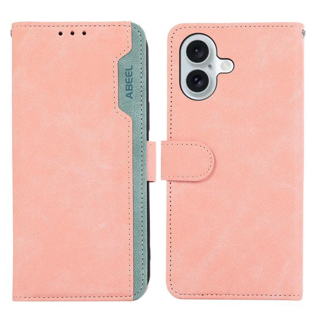 For iPhone 17 ABEEL Color Block Magnetic RFID Leather Phone Case(Pink-Cyan)