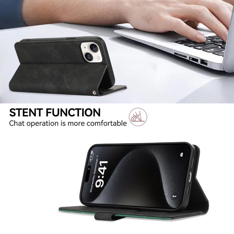 For iPhone 17 ABEEL Color Block Magnetic RFID Leather Phone Case(Black-Green)