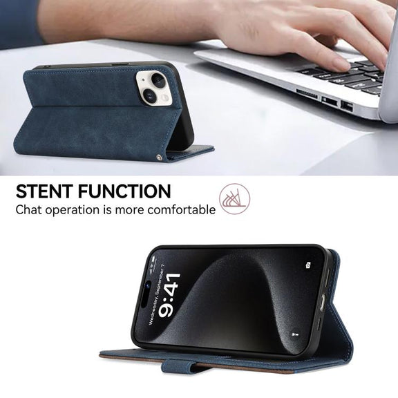 For iPhone 17 ABEEL Color Block Magnetic RFID Leather Phone Case(Blue-Brown)