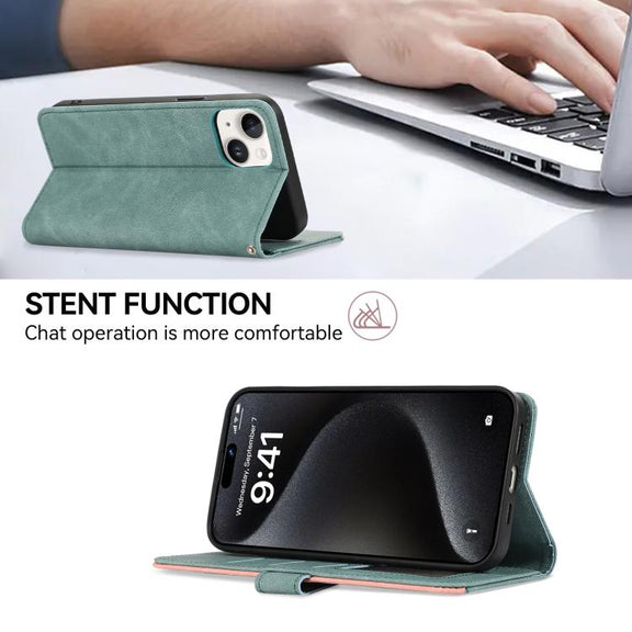 For iPhone 17 ABEEL Color Block Magnetic RFID Leather Phone Case(Cyan-Pink)