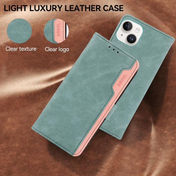For iPhone 17 ABEEL Color Block Magnetic RFID Leather Phone Case(Cyan-Pink)