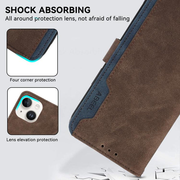 For iPhone 17 ABEEL Color Block Magnetic RFID Leather Phone Case(Brown-Blue)