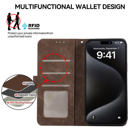 For iPhone 17 ABEEL Color Block Magnetic RFID Leather Phone Case(Brown-Blue)