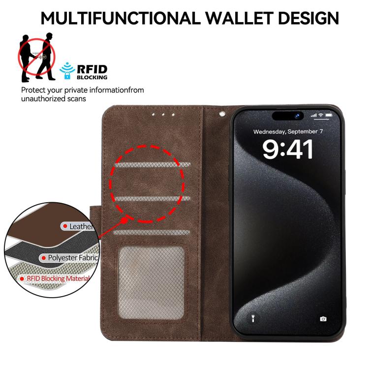 For iPhone 17 ABEEL Color Block Magnetic RFID Leather Phone Case(Brown-Blue)