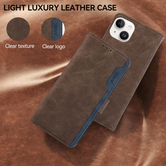 For iPhone 17 ABEEL Color Block Magnetic RFID Leather Phone Case(Brown-Blue)