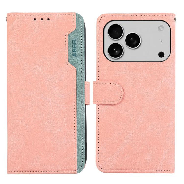 For iPhone 17 Pro ABEEL Color Block Magnetic RFID Leather Phone Case(Pink-Cyan)