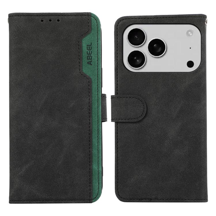 For iPhone 17 Pro ABEEL Color Block Magnetic RFID Leather Phone Case(Black-Green)