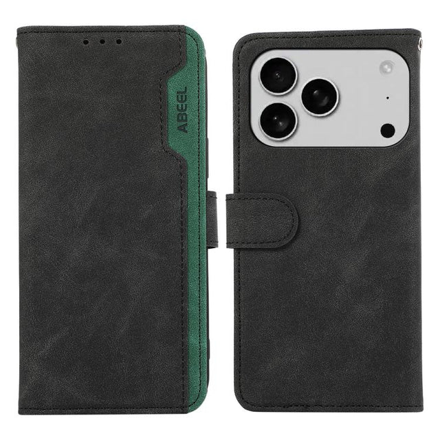 For iPhone 17 Pro ABEEL Color Block Magnetic RFID Leather Phone Case(Black-Green)
