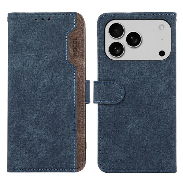 For iPhone 17 Pro ABEEL Color Block Magnetic RFID Leather Phone Case(Blue-Brown)