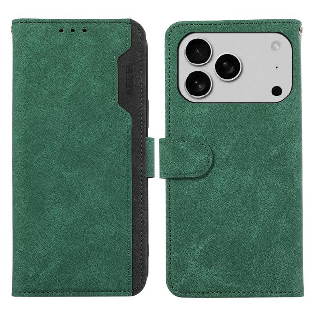 For iPhone 17 Pro ABEEL Color Block Magnetic RFID Leather Phone Case(Green-Black)