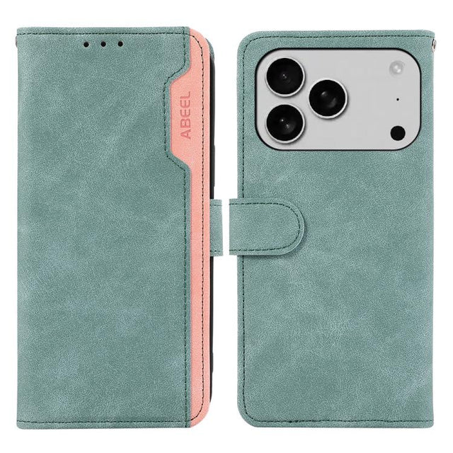 For iPhone 17 Pro ABEEL Color Block Magnetic RFID Leather Phone Case(Cyan-Pink)
