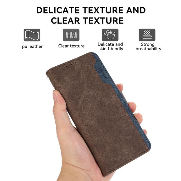 For iPhone 17 Pro ABEEL Color Block Magnetic RFID Leather Phone Case(Brown-Blue)