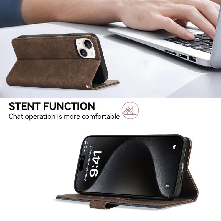 For iPhone 17 Pro ABEEL Color Block Magnetic RFID Leather Phone Case(Brown-Blue)
