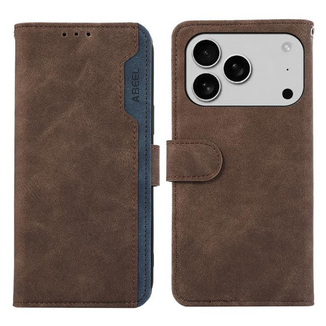 For iPhone 17 Pro ABEEL Color Block Magnetic RFID Leather Phone Case(Brown-Blue)