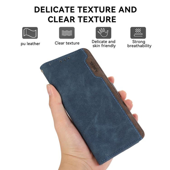 For iPhone 17 Pro Max ABEEL Color Block Magnetic RFID Leather Phone Case(Blue-Brown)