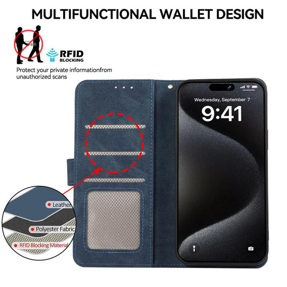 For iPhone 17 Pro Max ABEEL Color Block Magnetic RFID Leather Phone Case(Blue-Brown)