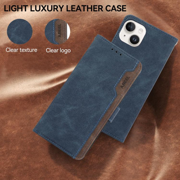 For iPhone 17 Pro Max ABEEL Color Block Magnetic RFID Leather Phone Case(Blue-Brown)