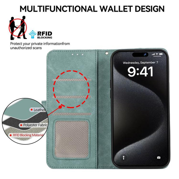 For iPhone 17 Pro Max ABEEL Color Block Magnetic RFID Leather Phone Case(Cyan-Pink)