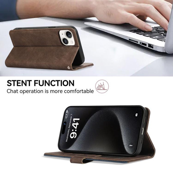 For iPhone 17 Pro Max ABEEL Color Block Magnetic RFID Leather Phone Case(Brown-Blue)