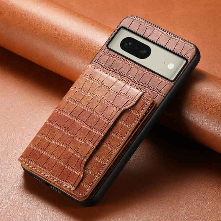 For Google Pixel 8 Crocodile Texture Card Bag Design Full Coverage Phone Case(Brown)