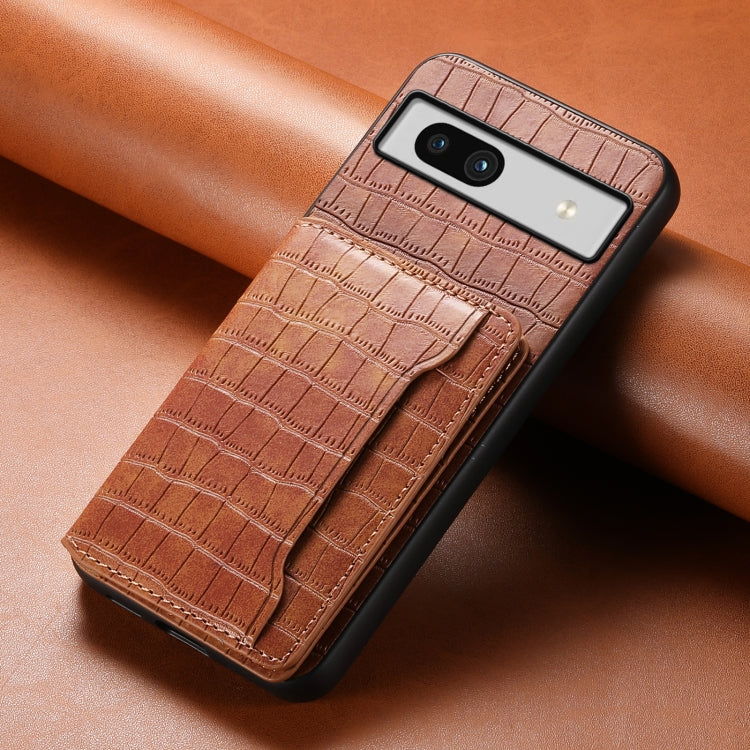 For Google Pixel 7a Crocodile Texture Card Bag Design Full Coverage Phone Case(Brown)