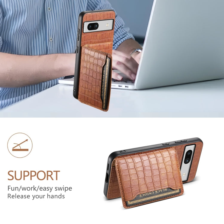 For Google Pixel 7a Crocodile Texture Card Bag Design Full Coverage Phone Case(Brown)