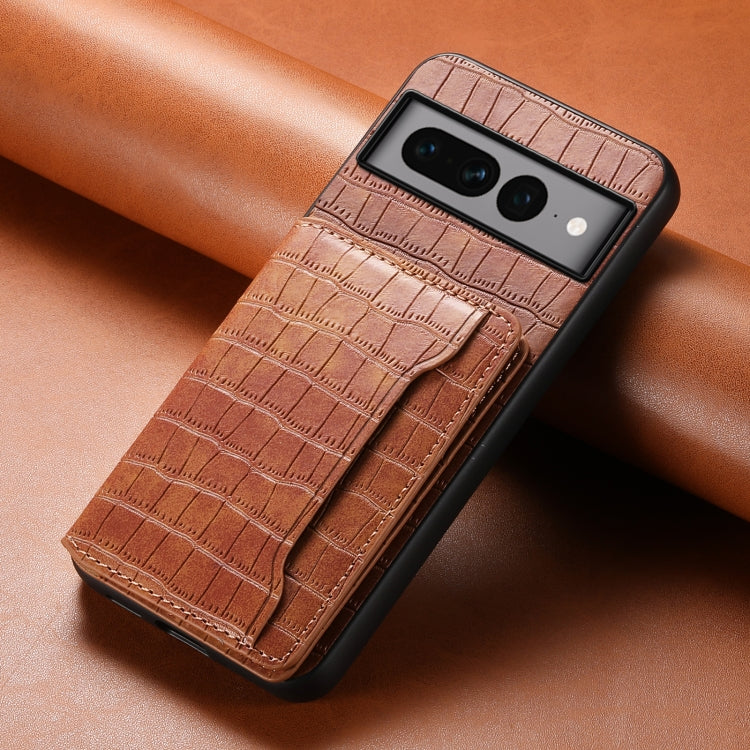 For Google Pixel 7 Pro 5G Crocodile Texture Card Bag Design Full Coverage Phone Case(Brown)