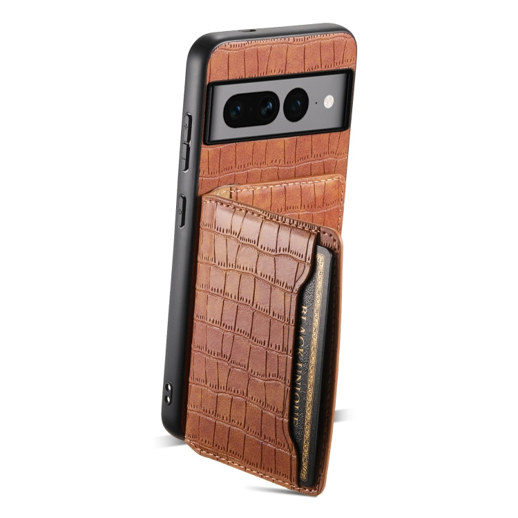 For Google Pixel 7 Pro 5G Crocodile Texture Card Bag Design Full Coverage Phone Case(Brown)