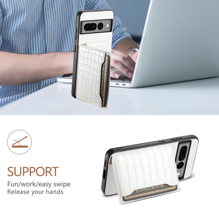 For Google Pixel 7 Pro 5G Crocodile Texture Card Bag Design Full Coverage Phone Case(White)