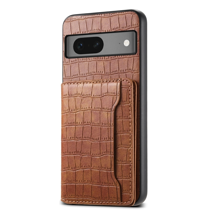 For Google Pixel 7 5G Crocodile Texture Card Bag Design Full Coverage Phone Case(Brown)