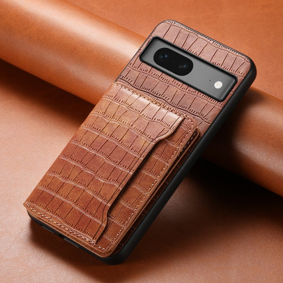 For Google Pixel 7 5G Crocodile Texture Card Bag Design Full Coverage Phone Case(Brown)