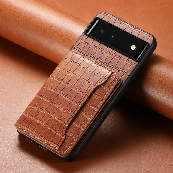 For Google Pixel 6 Crocodile Texture Card Bag Design Full Coverage Phone Case(Brown)