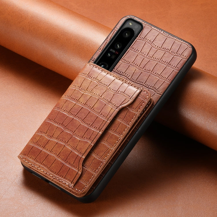 For Sony Xperia 1 IV Crocodile Texture Card Bag Design Full Coverage Phone Case(Brown)