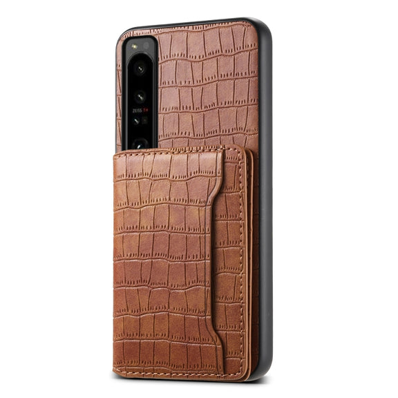 For Sony Xperia 1 IV Crocodile Texture Card Bag Design Full Coverage Phone Case(Brown)